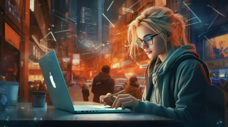 E-commerce tactics targets a young woman sitting in a coffee shop and buying online
